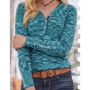 Sundance Blue Create Beauty Henley V neck ribbed thermal XS
